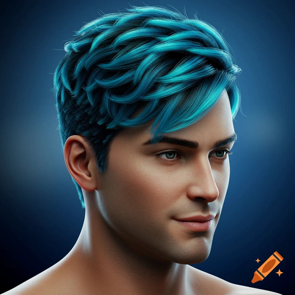 A photorealistic headshot of a man with striking turquoise hair and light eyes, looking to the right.