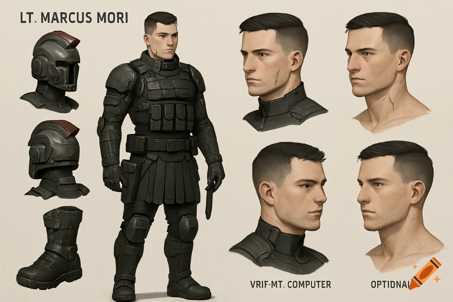 A character reference sheet of Lieutenant Marcus Mori, a futuristic combat soldier in matte black and dark gray armor, with multiple headshots and gear details.