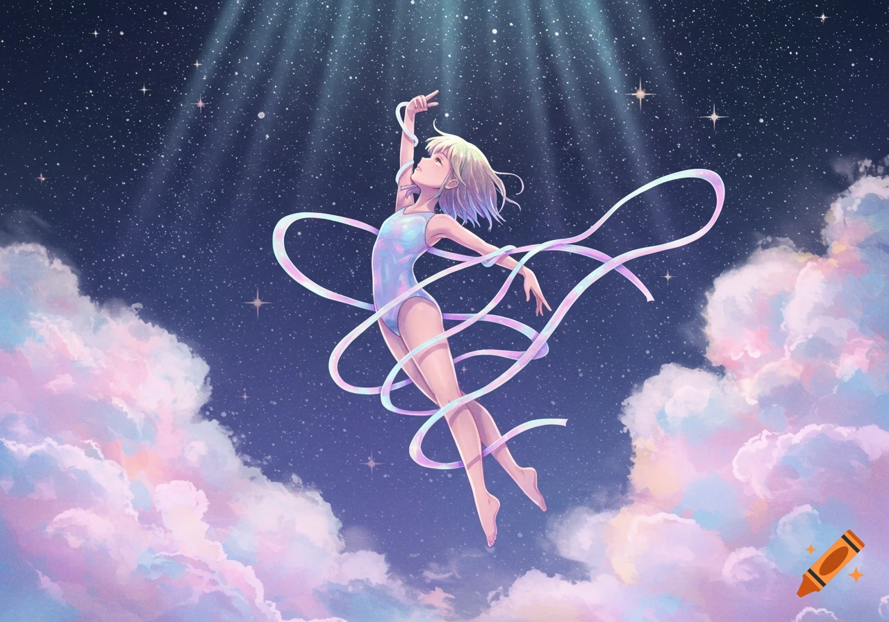 An anime girl in a pastel leotard floats and dances with flowing ribbons in a starry night sky with soft clouds.