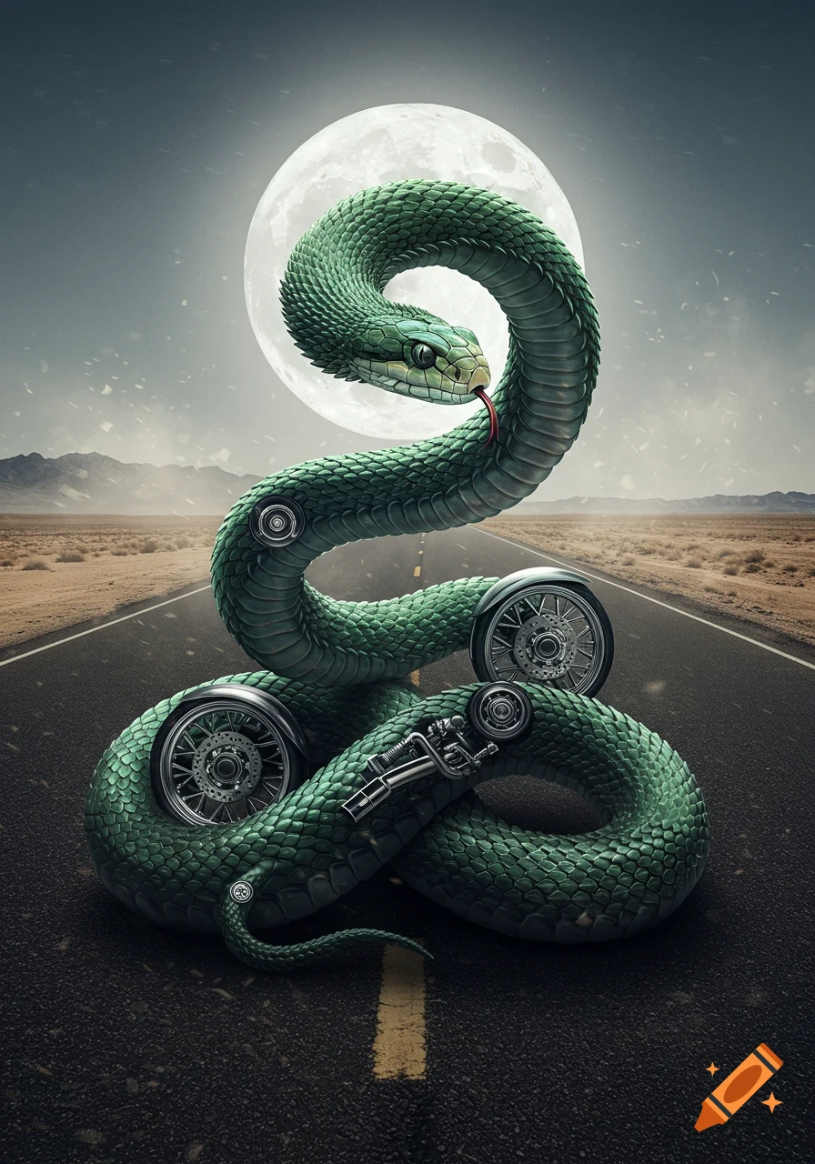 Green snake with motorcycle wheels in its body coiled on a desert road under a full moon.