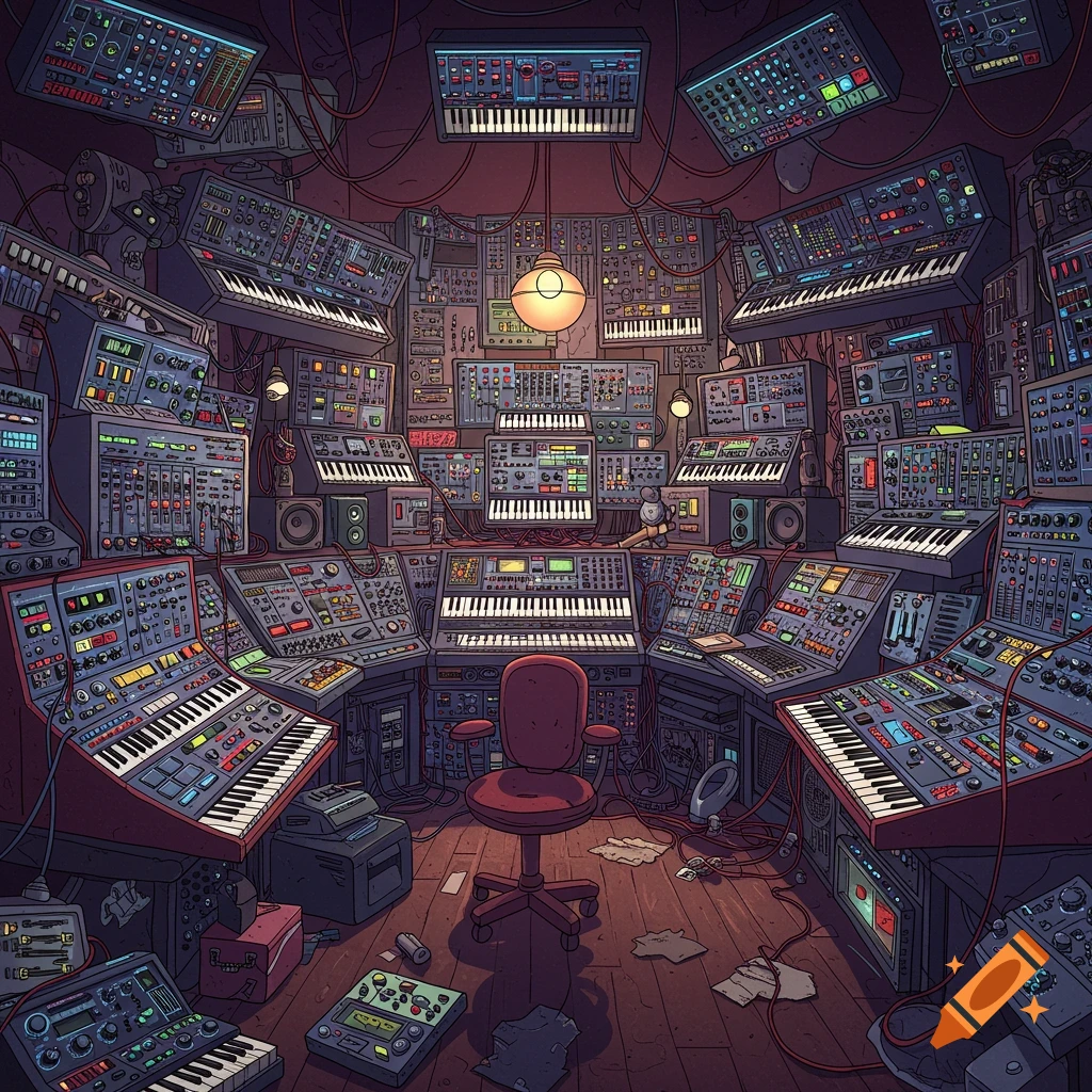 A cartoonish illustration of a music studio overwhelmingly packed with synthesizers and electronic music equipment on every surface.