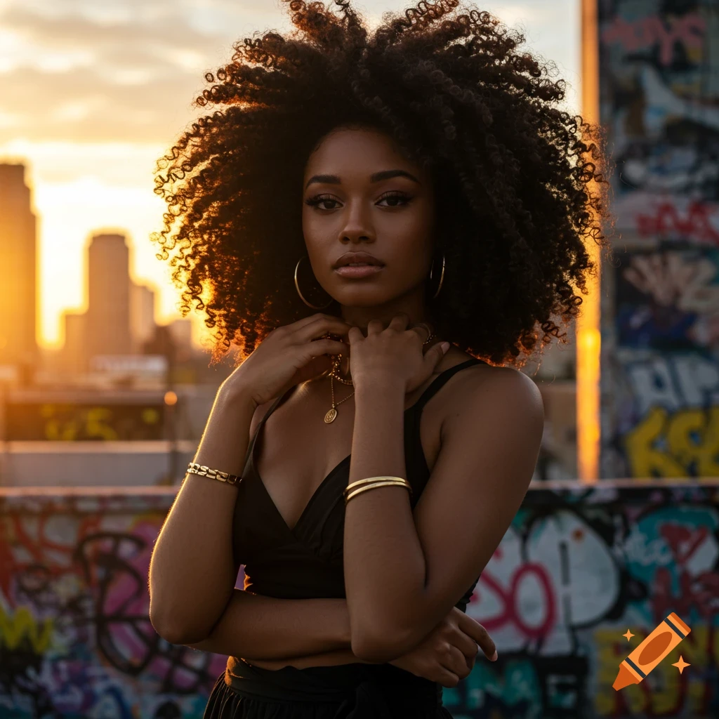 A woman with large curly hair and gold jewelry poses on a city rooftop at sunset, with buildings and graffiti in the background.