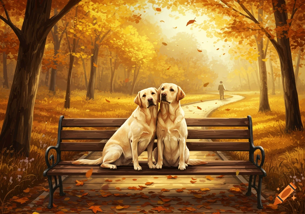 Two yellow Labrador dogs sit on a park bench among fall foliage, with a person walking on a path in the background. Digital painting.