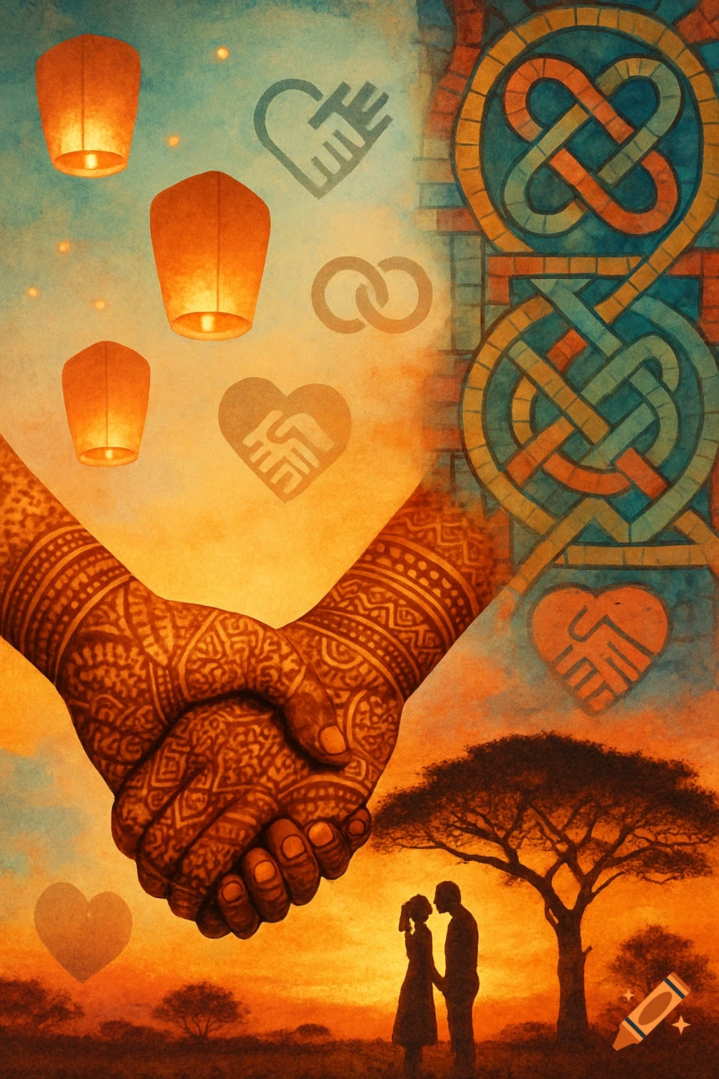Stylized image of mehndi-decorated hands holding, with sky lanterns, cultural symbols, and a couple at sunset.