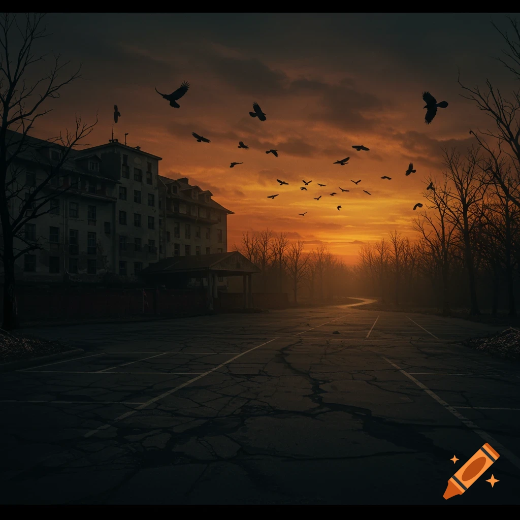 An ominous, abandoned hotel at dusk with a vivid orange sunset, crows flying, dead trees, and a cracked parking lot.