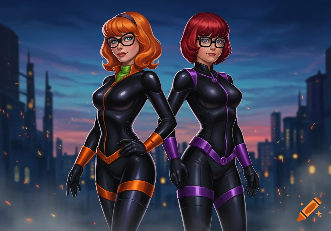 Daphne and Velma from Scooby-Doo stand in black catsuits with orange and purple trim against a city skyline at dusk.