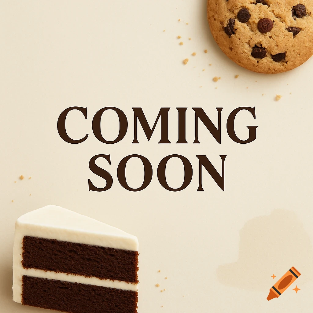 Minimal bakery poster with 'COMING SOON' text, a chocolate chip cookie, and a slice of chocolate cake on a warm cream background.