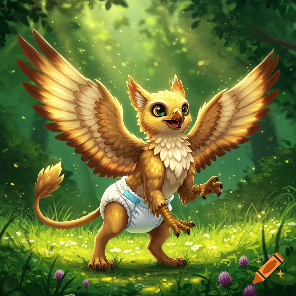 A cute baby gryphon in a diaper stands with wings spread in a sunny fantasy forest.