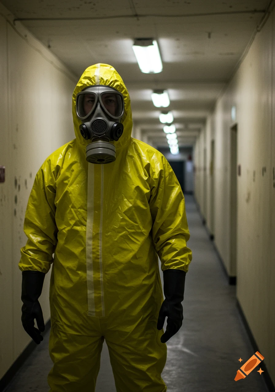 A person in a yellow hazmat suit with a gas mask stands in a long, dimly lit institutional hallway, looking forward. Photorealistic.