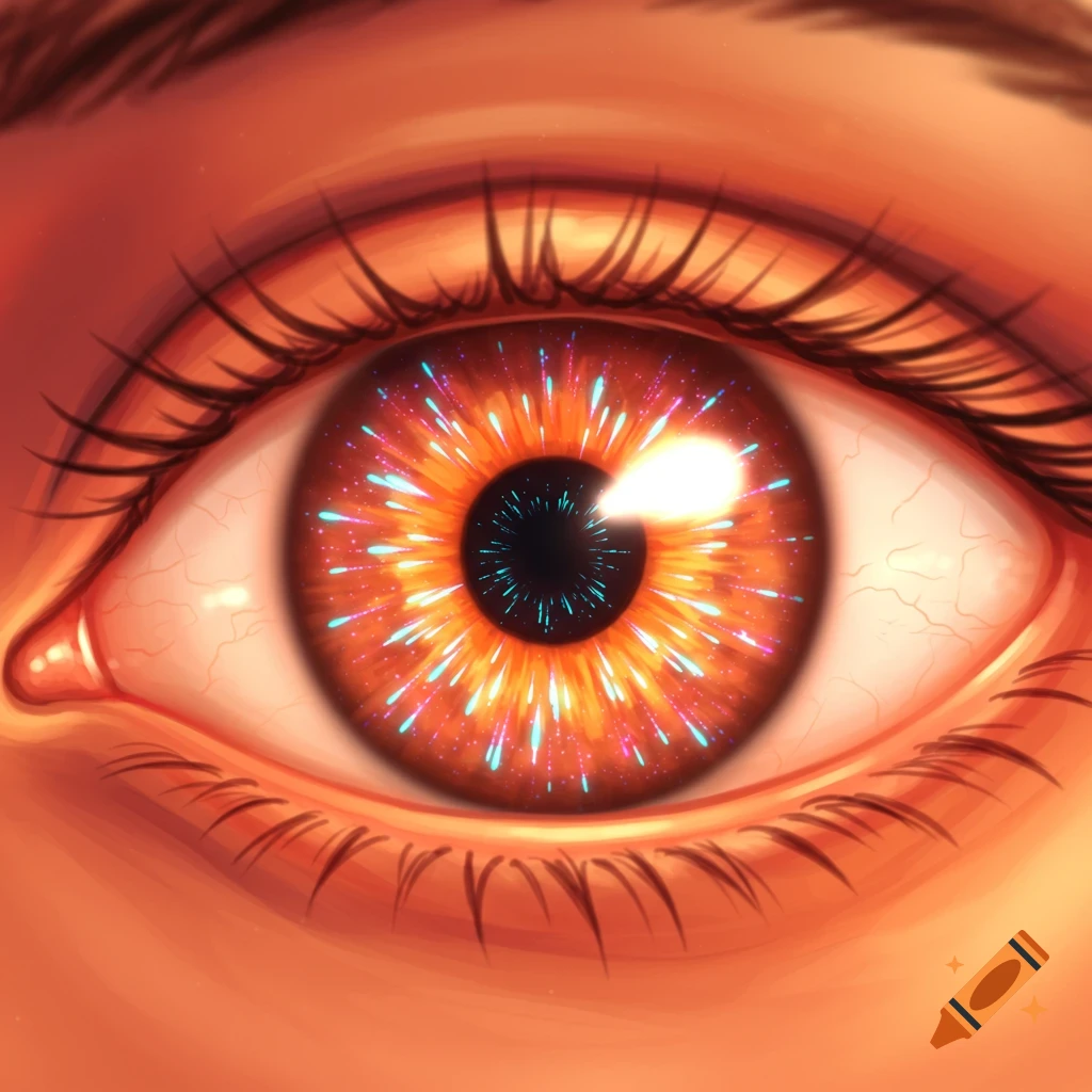 Close-up of an orange eye with a black pupil and colorful starbursts radiating from it, in an anime art style.