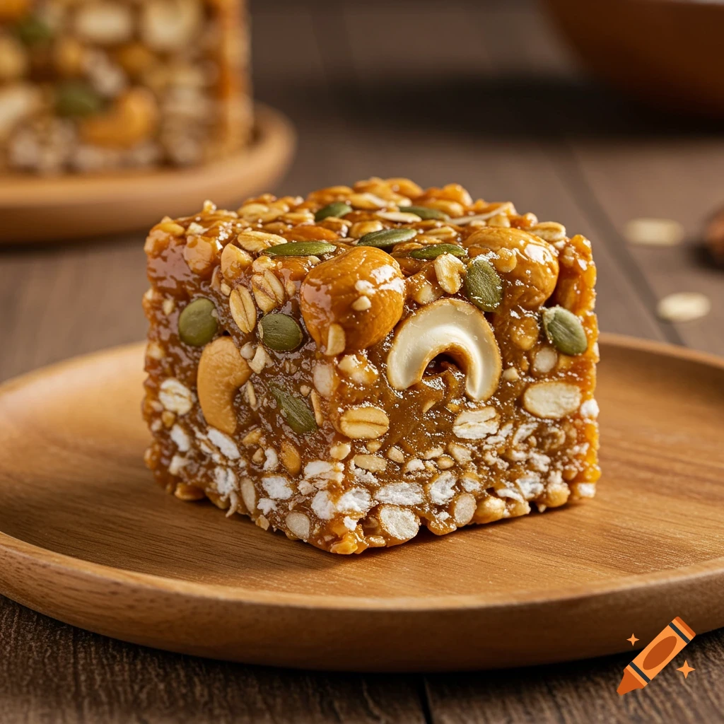 A square Gula Melaka cashew and coconut nut bar on a wooden plate, glistening with syrup and topped with cashews, pumpkin seeds, and oats.