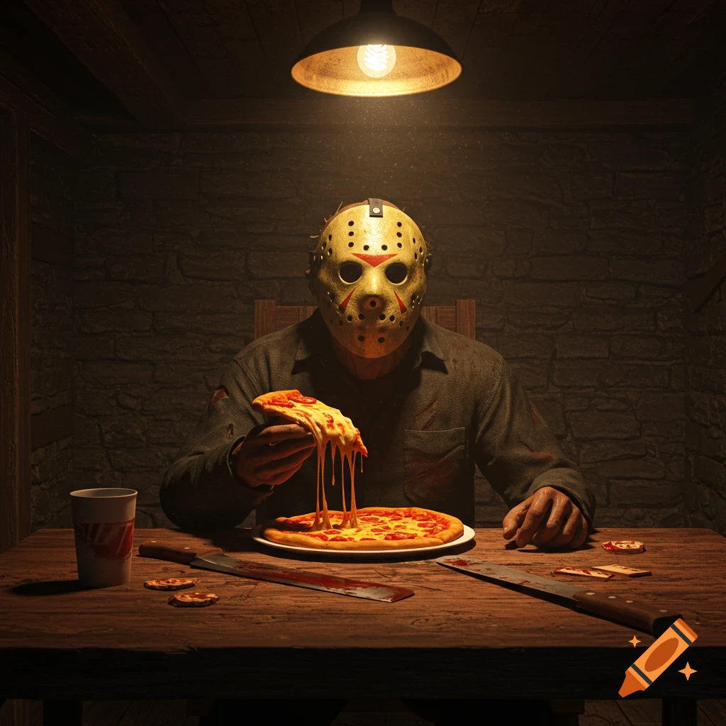 Jason Voorhees in his hockey mask eats a slice of pizza at a rustic table under a single hanging light, with bloody knives nearby.