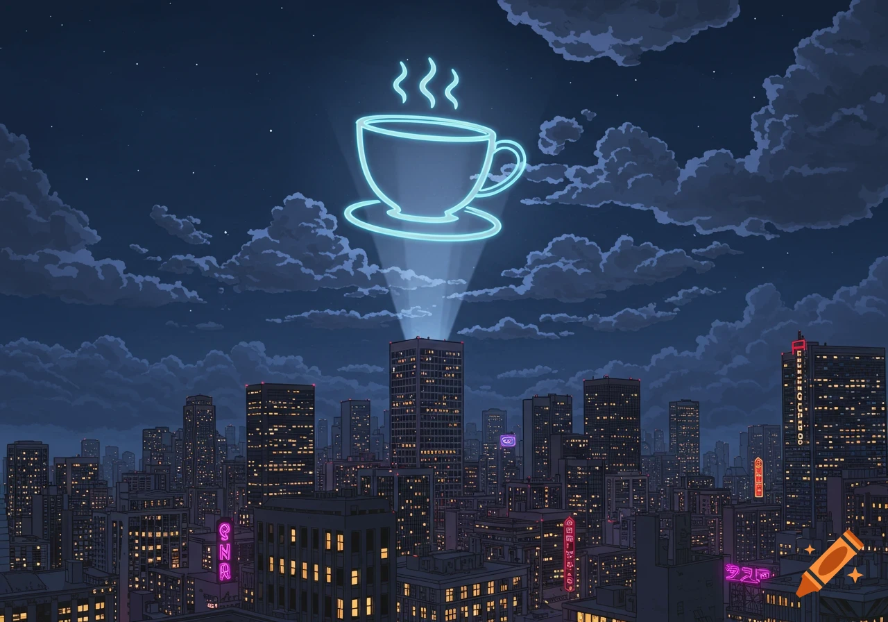 A graphic novel-style cityscape at night with a glowing blue coffee cup signal projected into the sky.