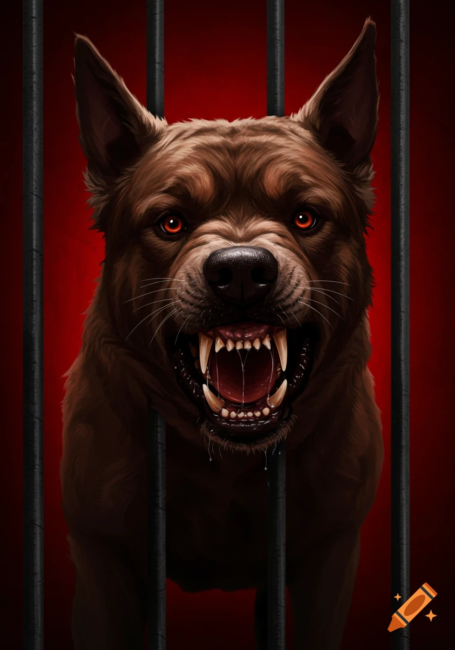 A ferocious brown dog with glowing orange eyes snarls, baring long, sharp teeth and drooling, trapped behind dark metal bars against a red background.