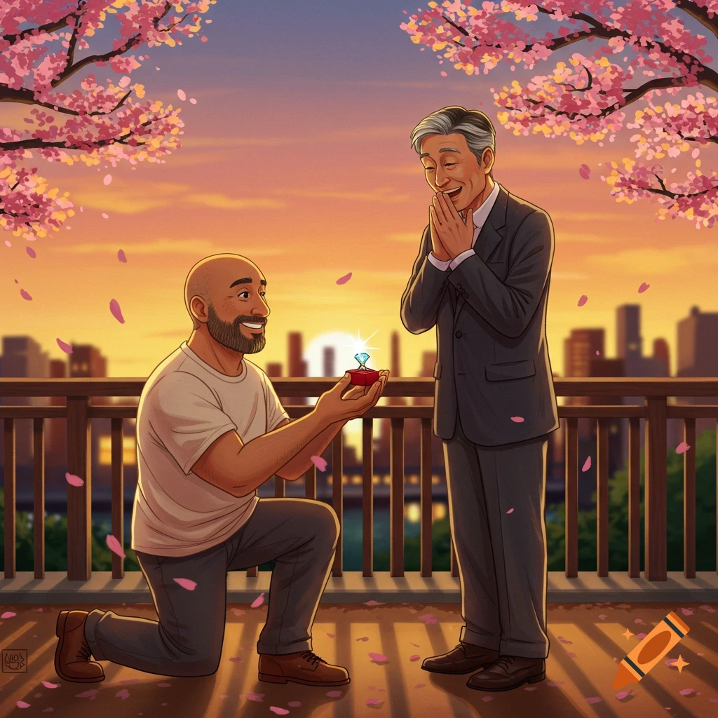 A bald, bearded man proposes to an Asian man with a diamond ring under cherry blossom trees at sunset in an illustration.