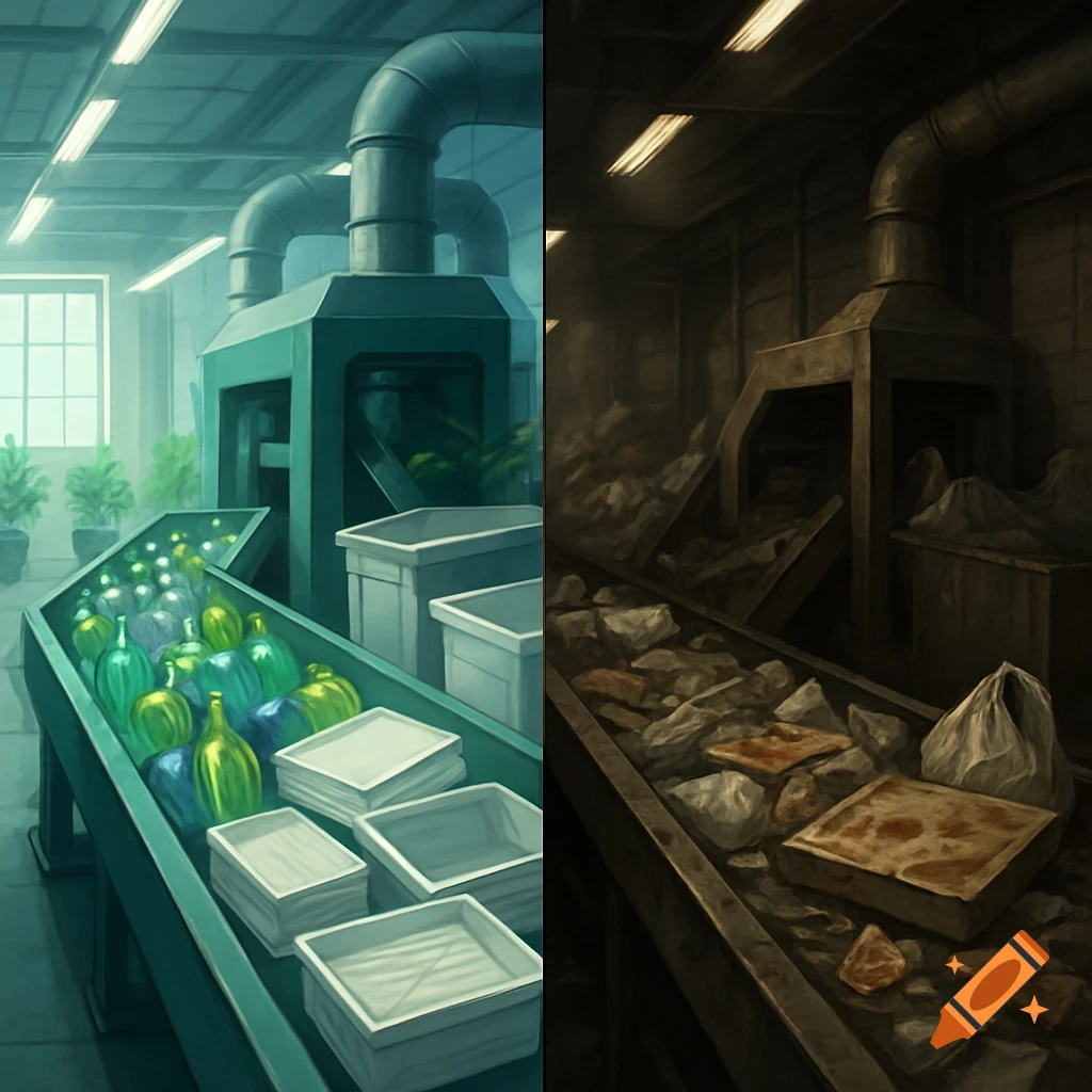 Split industrial image. Left: clean bottles on a recycling conveyor in a bright factory. Right: debris on a dirty conveyor in a dark factory.