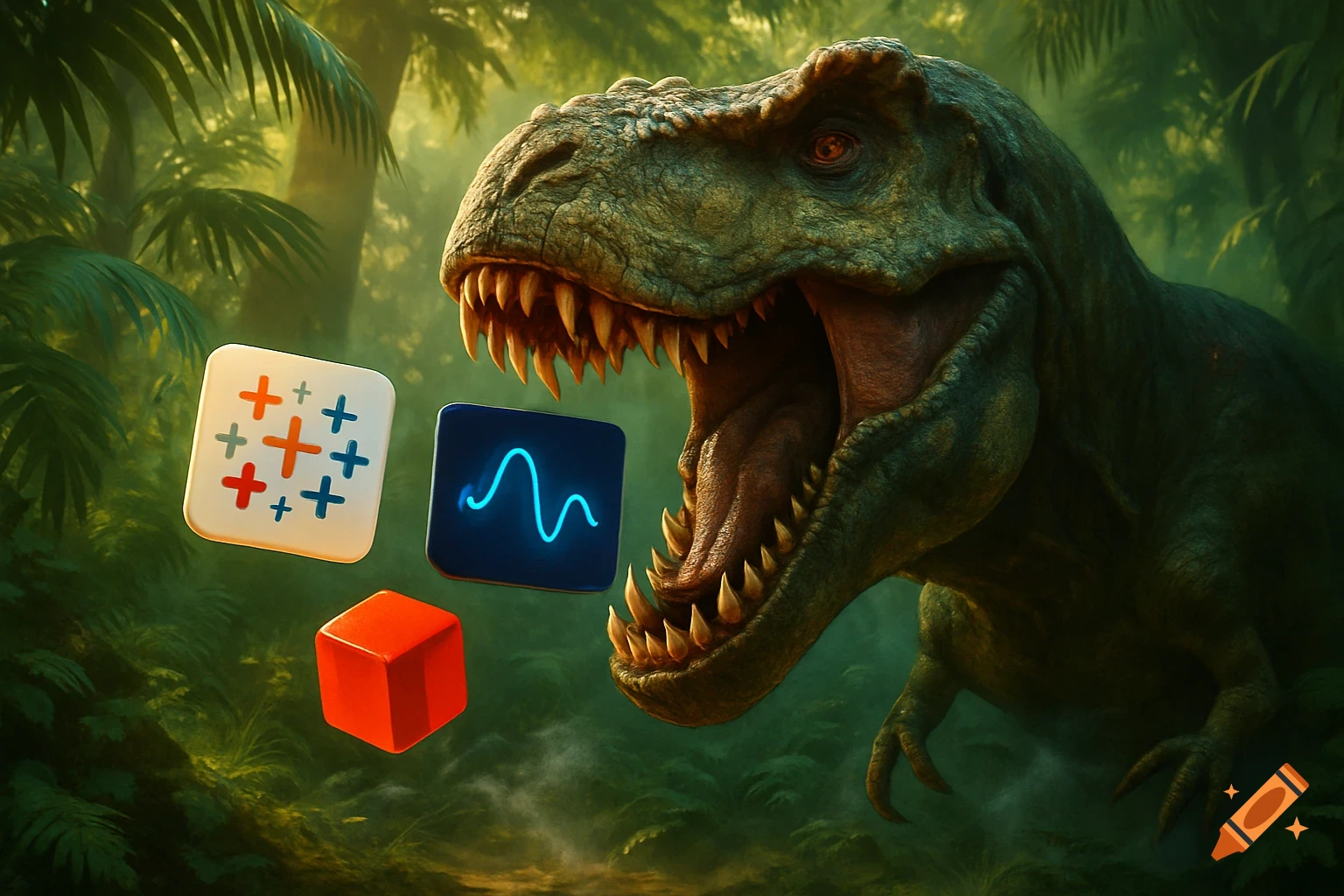 A roaring green T-Rex with sharp teeth and orange eyes stands in a lush jungle, lunging towards three floating 3D icons: a white square with colored plus signs, a blue square with a glowing blue waveform, and a red cube.