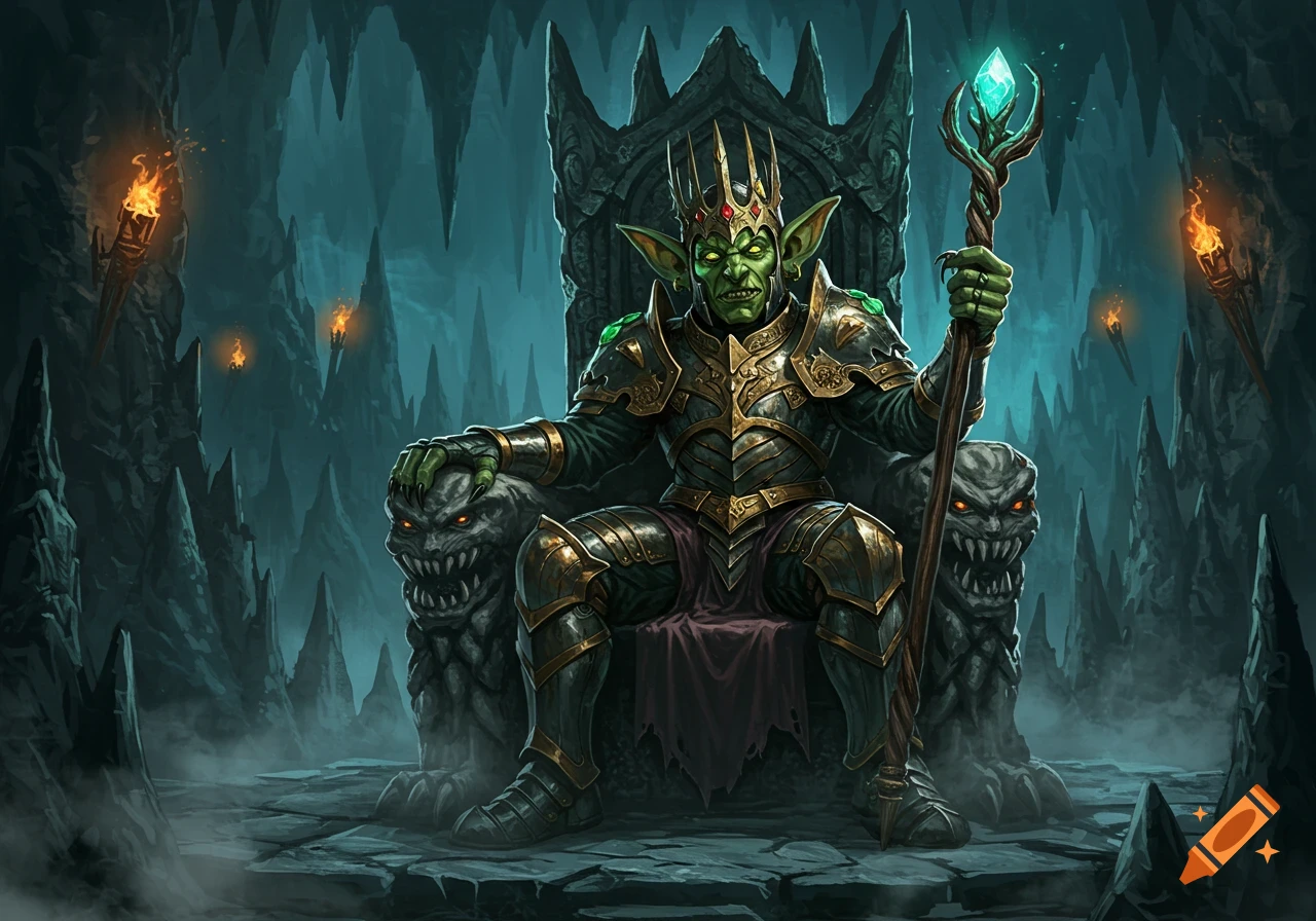 A green goblin king in ornate armor and crown sits on a monstrous throne in a dark, torch-lit cave, holding a staff.