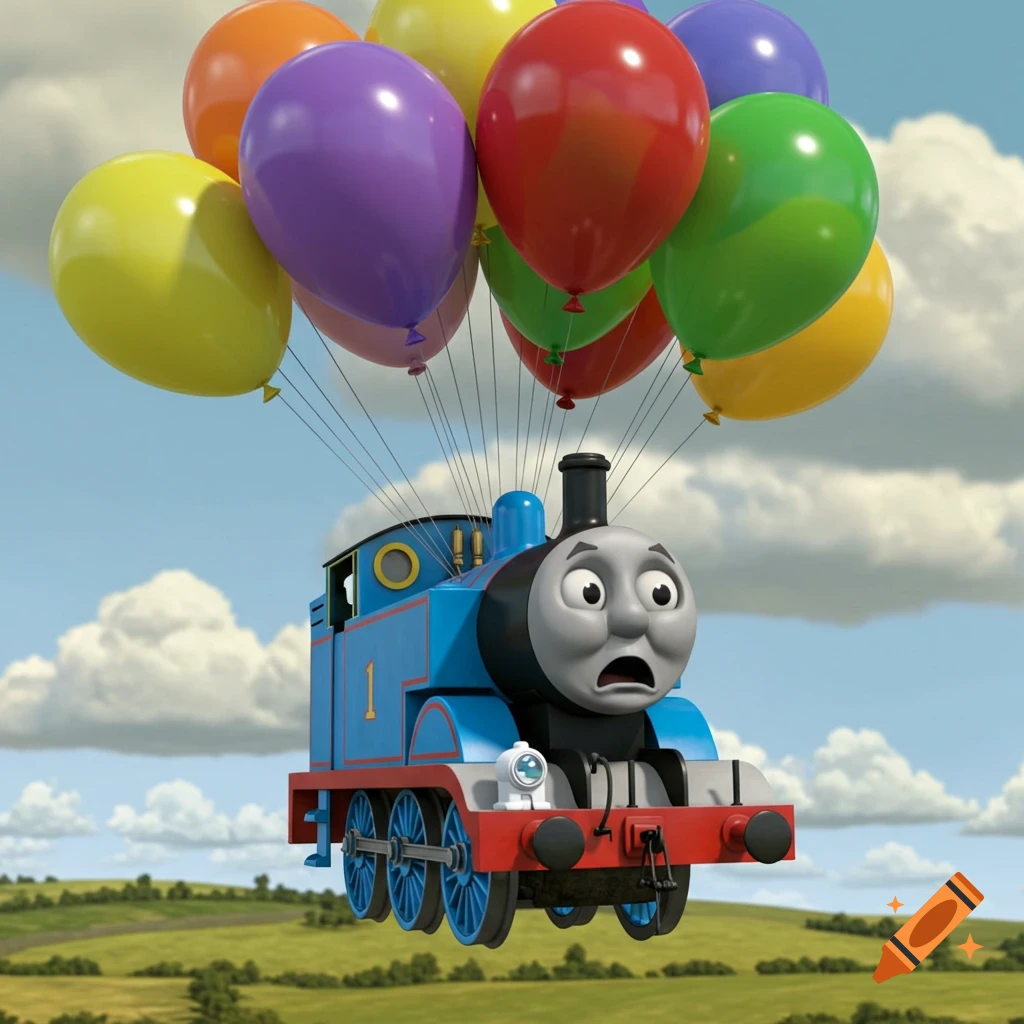 3D animated Thomas the Tank Engine, carried into a blue sky by a large bunch of colorful balloons, looking nervous above green hills.