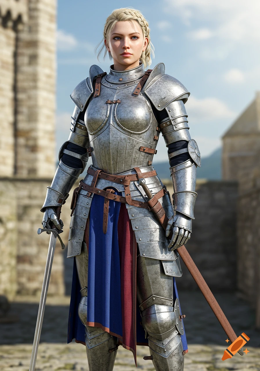 A photorealistic blonde female knight in shining iron armor and blue and red cloth stands with a sword, against a castle.