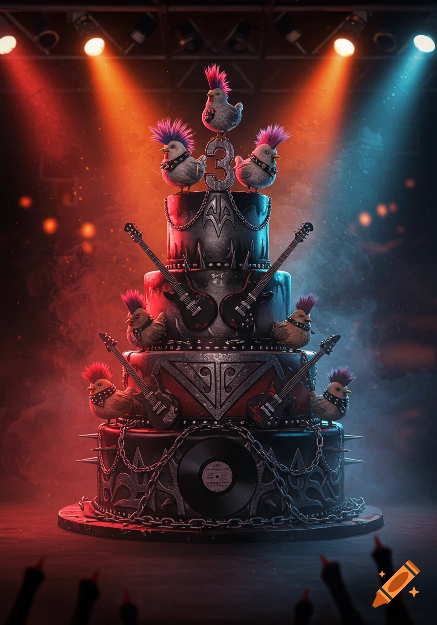 A multi-tiered heavy metal birthday cake with spikes, chains, guitars, and vinyl records, topped with punk rock chickens and a large number '3', lit by red and blue stage lights.