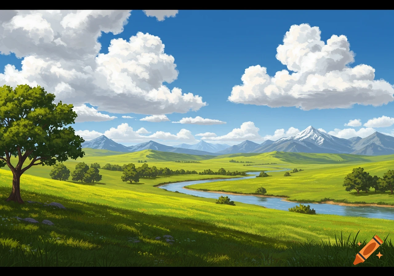 Vibrant illustration of a peaceful green landscape with a winding river, trees, distant mountains, and a blue sky with white clouds.