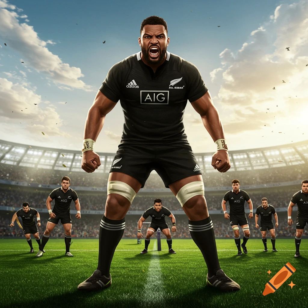 A muscular rugby player in an all-black uniform roars in a stadium, surrounded by teammates on a bright day.
