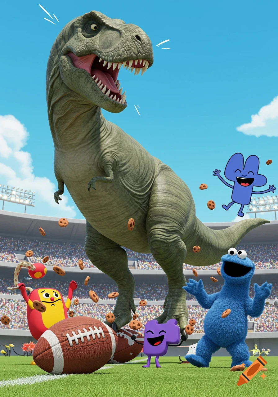 A giant T-Rex, Cookie Monster, and other cartoon characters play football in a stadium while cookies rain down.