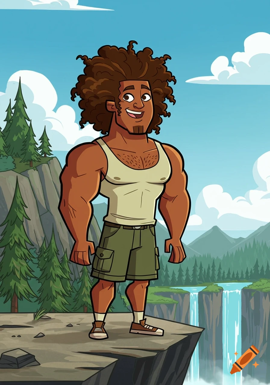 Cartoon man with curly hair in a tank top and shorts standing on a cliff overlooking a waterfall and mountains.