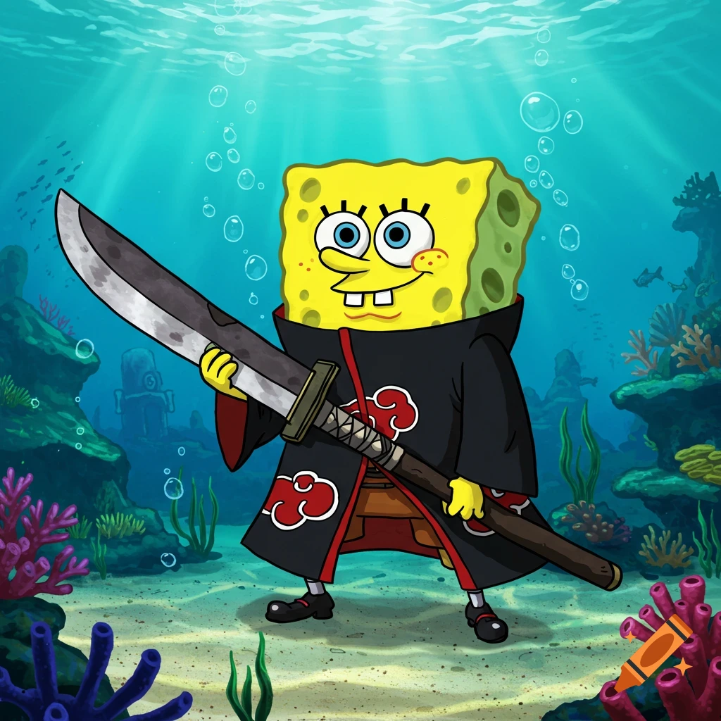 Spongebob Squarepants wearing an Akatsuki cloak and holding a large sword underwater amidst coral.