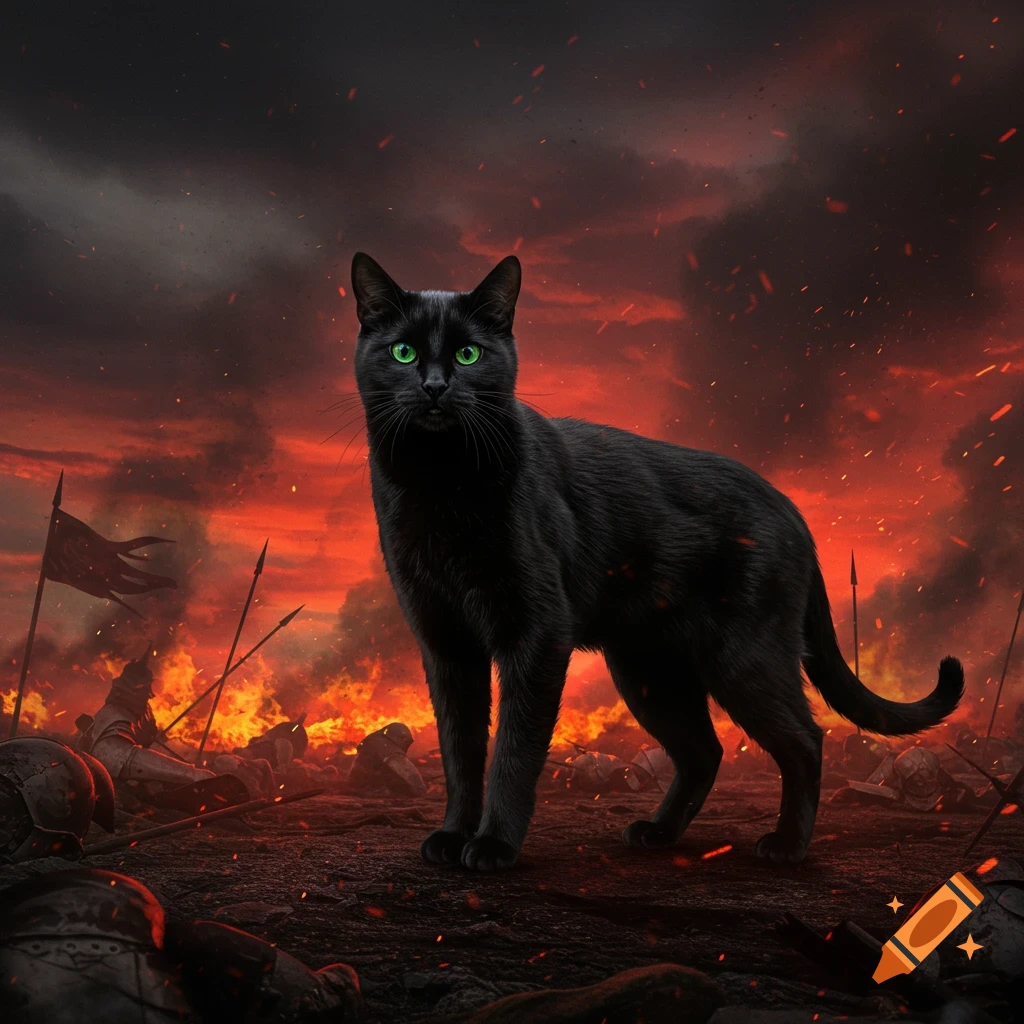 A black cat with green eyes stands on a fiery battlefield with fallen soldiers and a smoke-filled red sky.