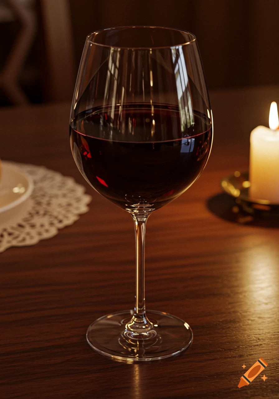 Photorealistic close-up of a glass of red wine on a wooden table, lit by a flickering candle in the background.