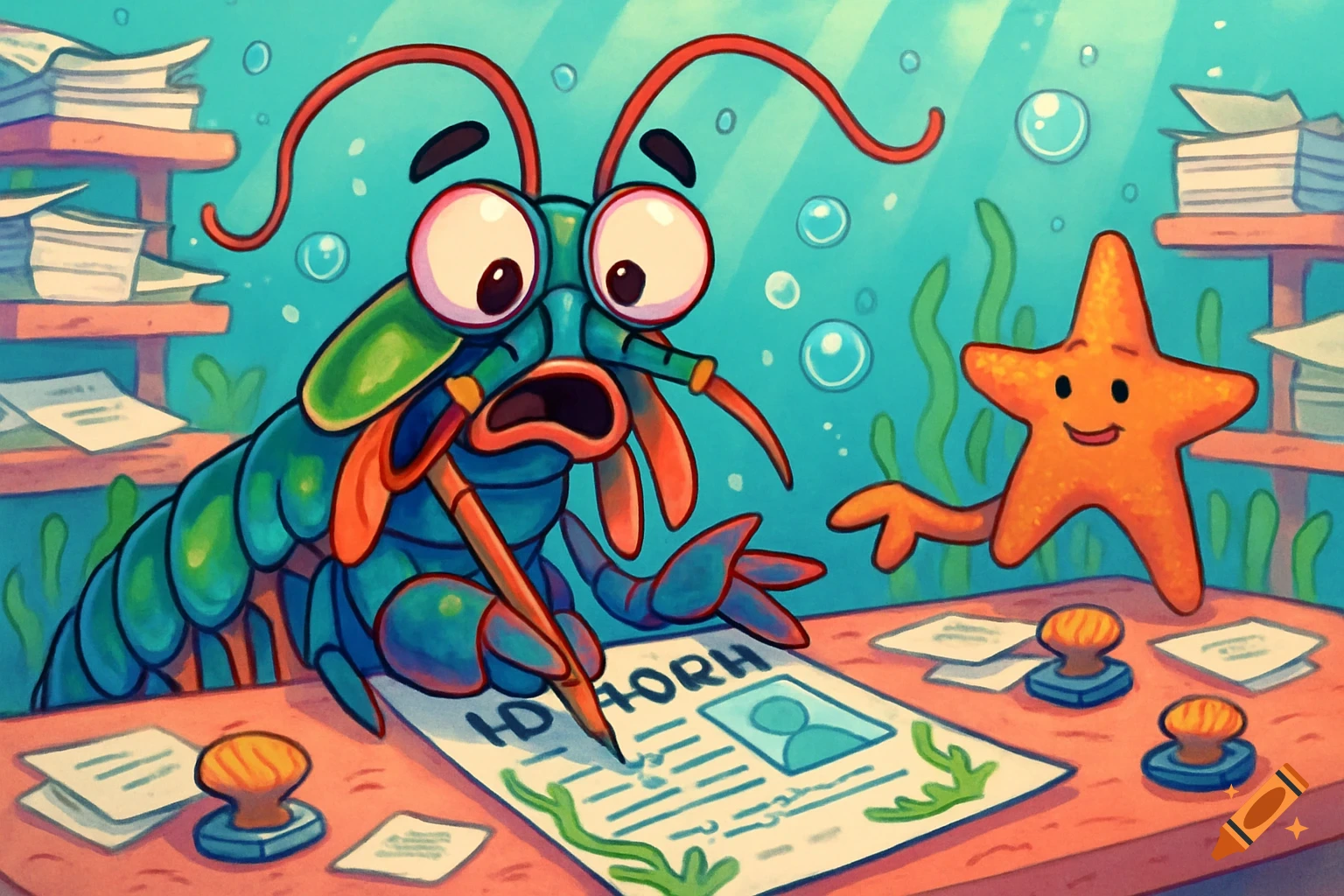 A cartoon mantis shrimp looking panicked as it fills out a form at an underwater desk, with a smiling starfish nearby.