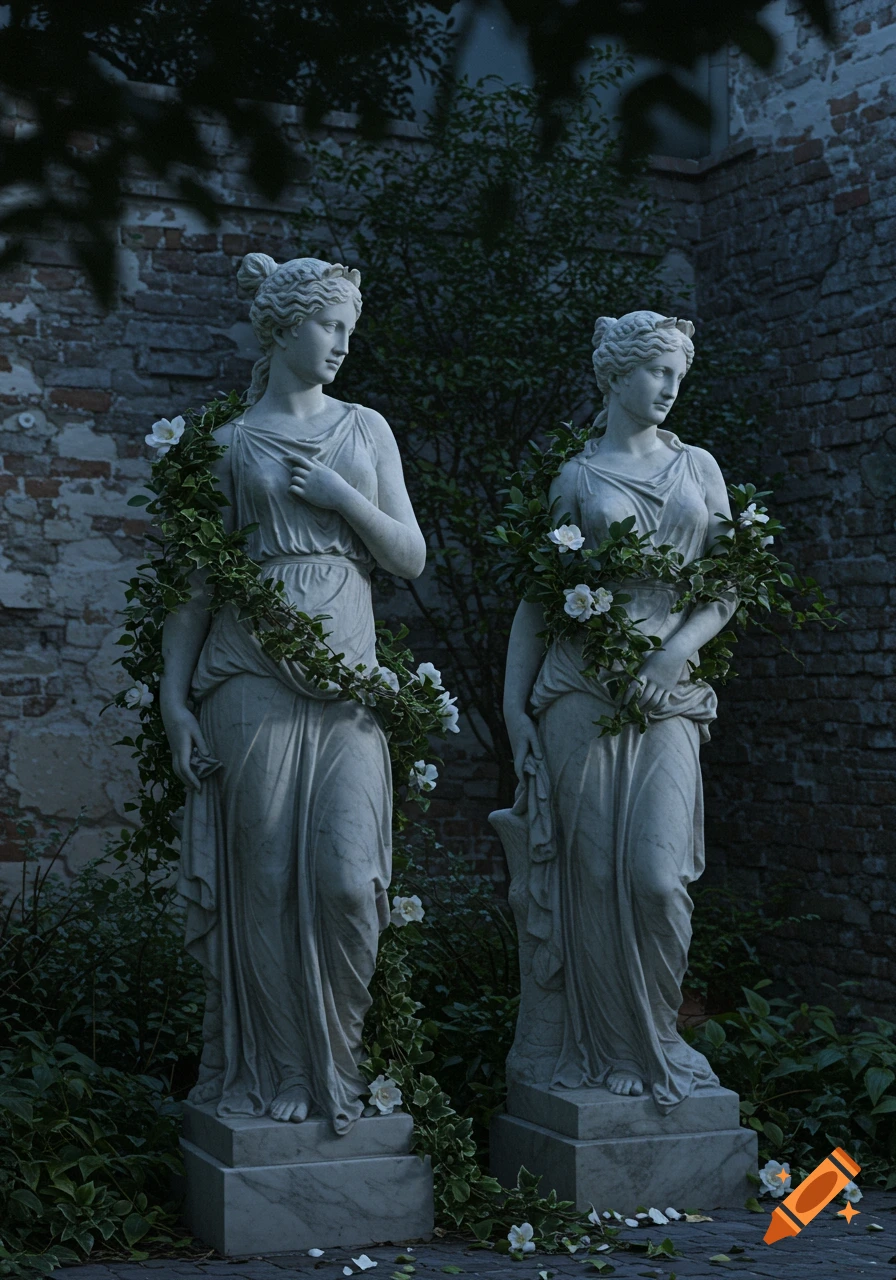 Photorealistic image of two classical marble statues of women draped in white flowers and green vines in a dim garden.