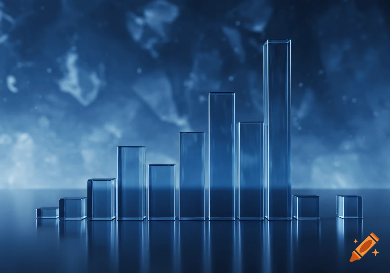 A blue-toned 3D bar chart made of glass on a reflective surface with a blurry abstract background.
