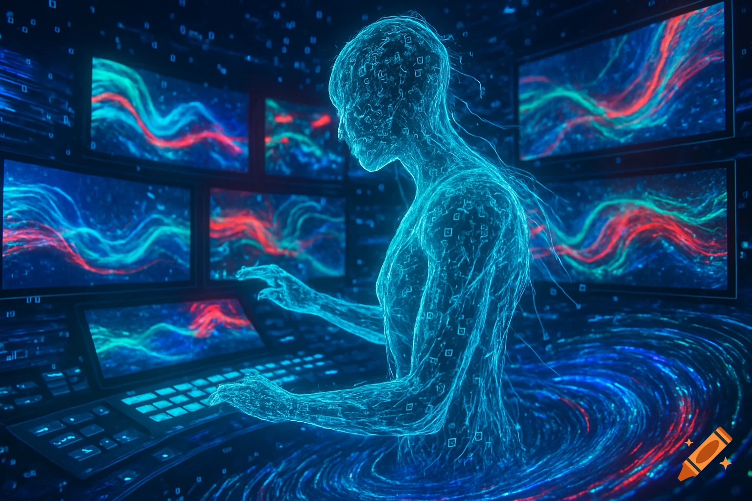 A glowing, ethereal humanoid figure interacts with a digital console and multiple screens displaying abstract data visualizations.
