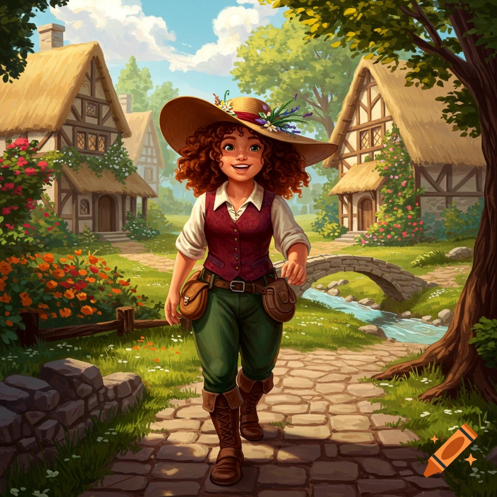 A cheerful female halfling with curly red hair and a wide-brimmed hat walks through a charming fantasy village.