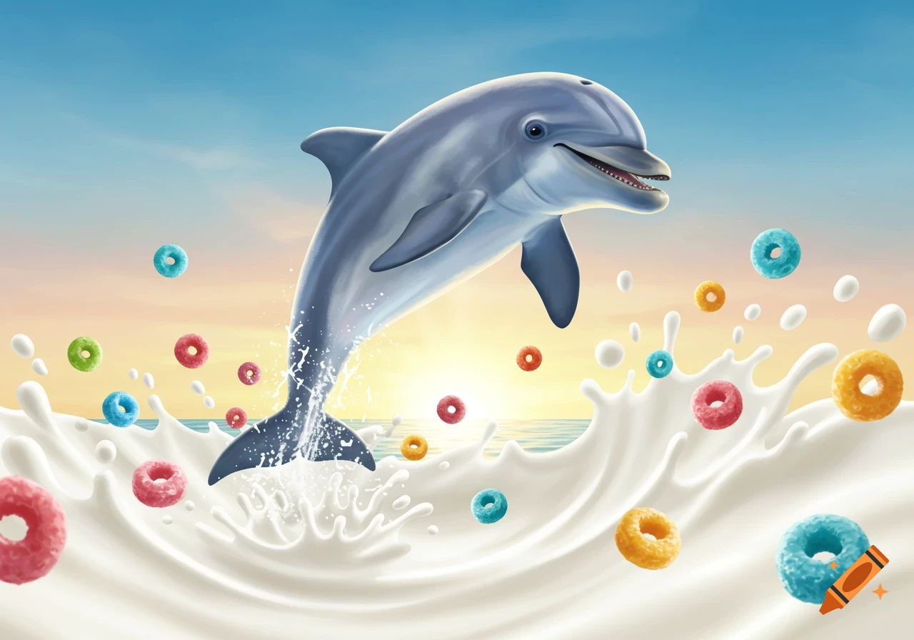 An illustration of a smiling dolphin leaping out of a splash of milk, surrounded by colorful cereal rings under a sunny sky.