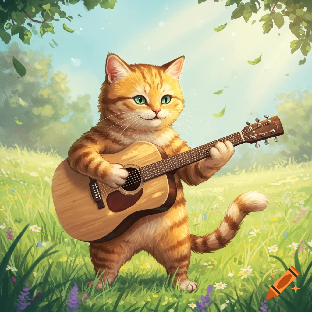 A cute orange tabby cat with green eyes plays an acoustic guitar in a sunny meadow with flowers, in a vibrant cartoon style.