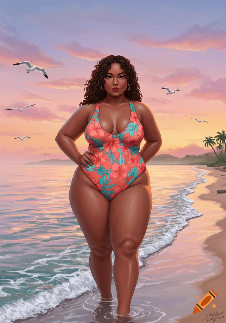 A digitally illustrated dark-skinned woman with curly hair in a floral swimsuit stands in shallow ocean water on a beach at sunset.