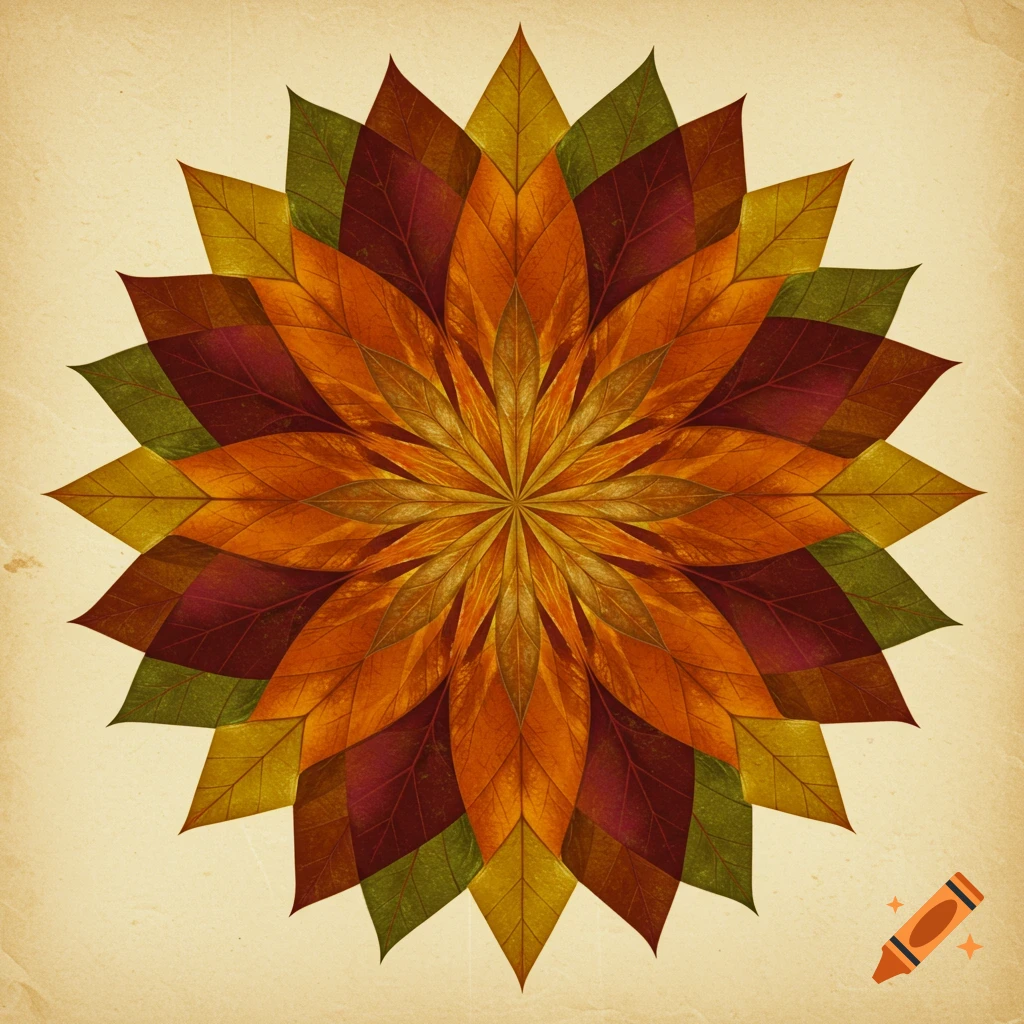 An intricate mandala composed of overlapping autumn leaves in red, orange, yellow, and green, set against an aged paper background.