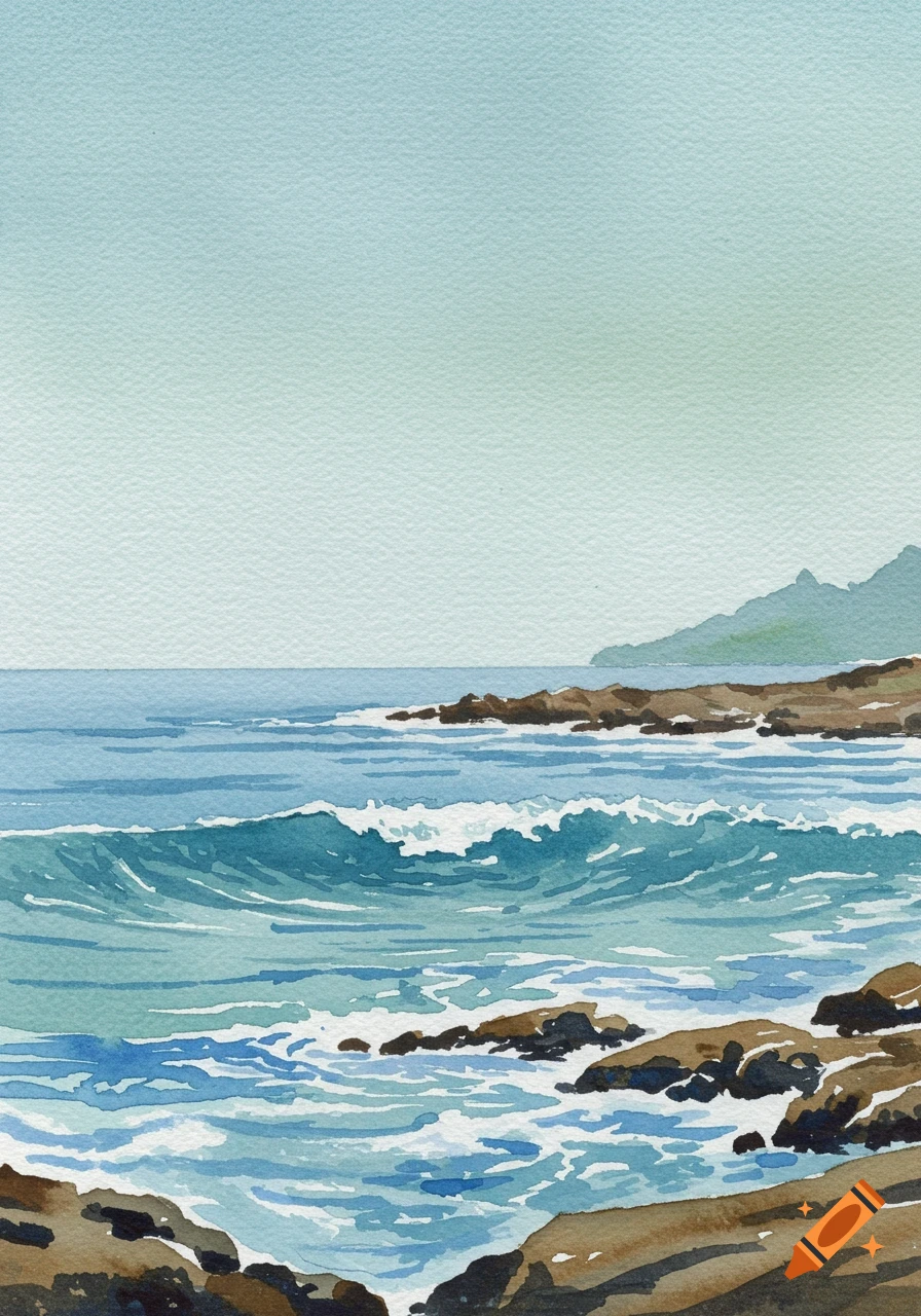 Watercolor painting of a peaceful coastal landscape with blue waves crashing on a rocky shoreline under a misty sky.
