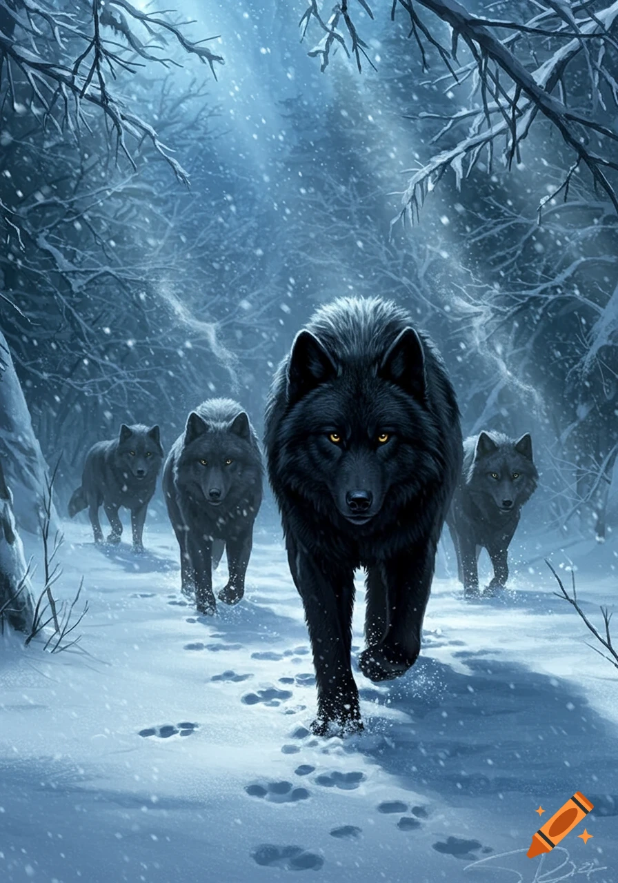 A dominant black wolf with glowing yellow eyes leads its pack through a dark, snowy winter forest during a snowfall, digital painting.