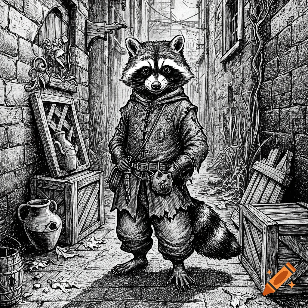 Black and white ink drawing of an anthropomorphic raccoon in a hooded cloak, holding a knife in a detailed medieval alley.