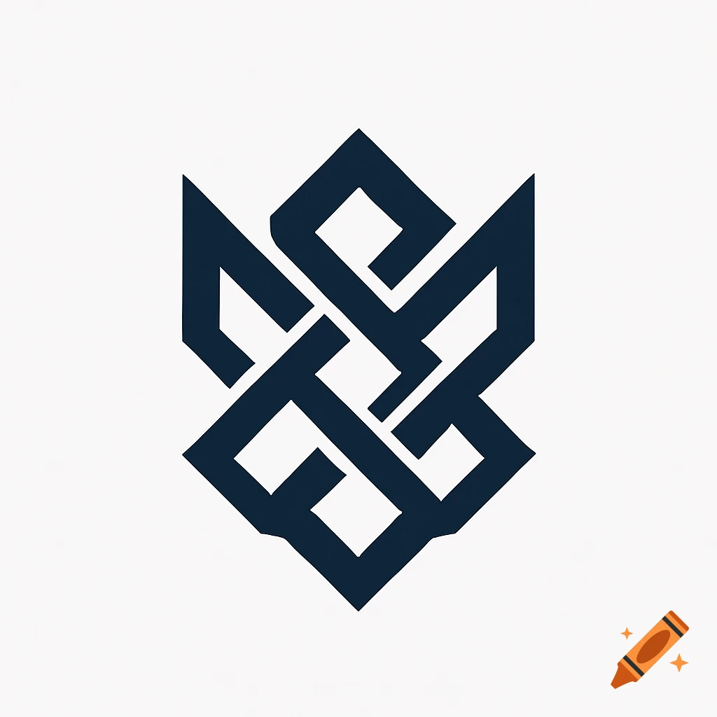 A dark blue abstract geometric logo with interconnected shapes, on a white background.