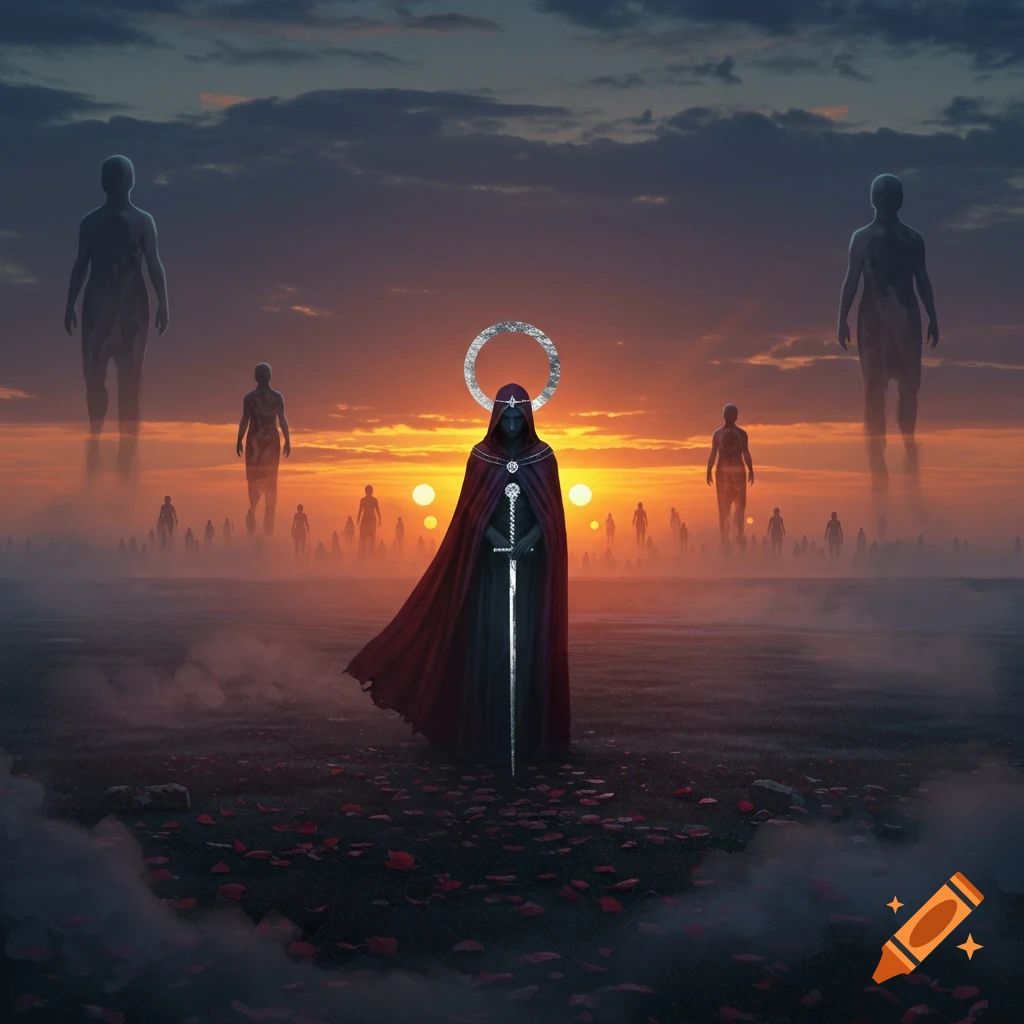 A robed figure with a sword and halo stands in a misty, red-petal field with ghostly figures at sunset.