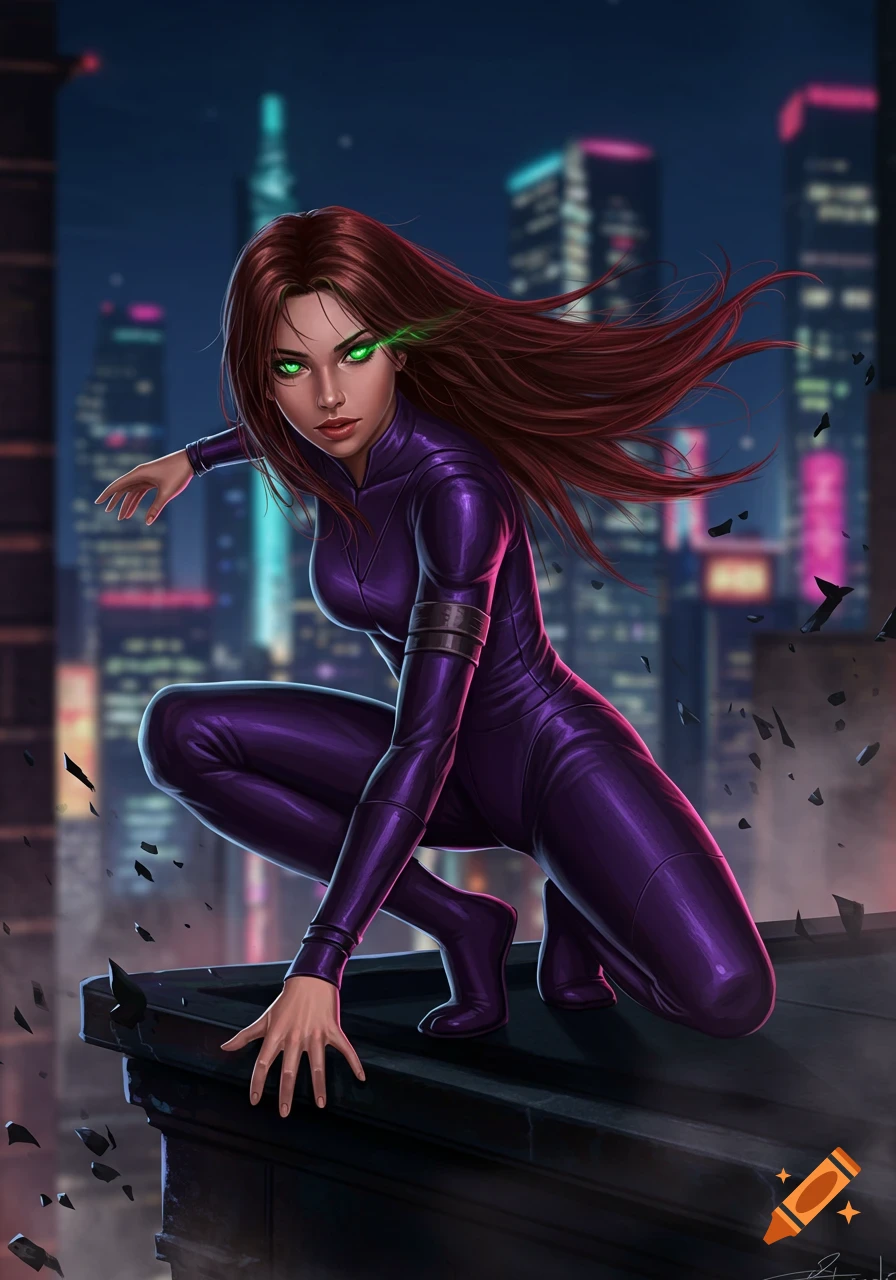 A green-eyed lady in a purple skintight suit with reddish-brown hair crouches on a rooftop at night, city skyline in the background, digital art style.