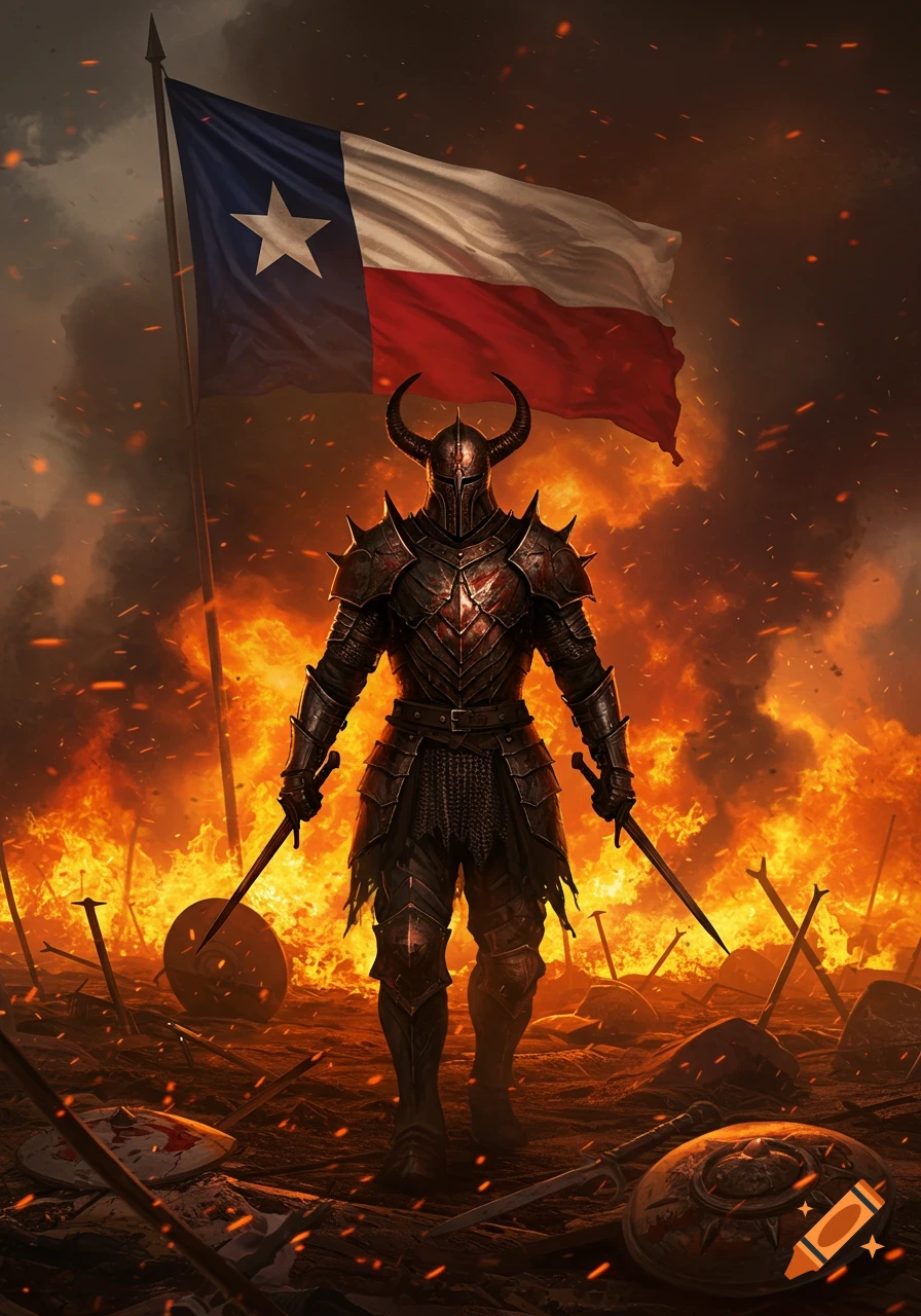 An evil warrior in dark horned battle armor stands on a burning battlefield holding two swords, with a large Texas flag flying above.