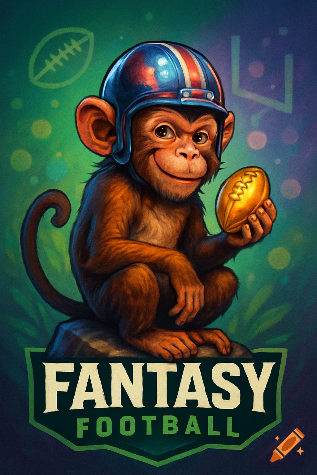 A cartoon monkey in a football helmet holds a golden football. Below is a shield with 'FANTASY FOOTBALL' text.