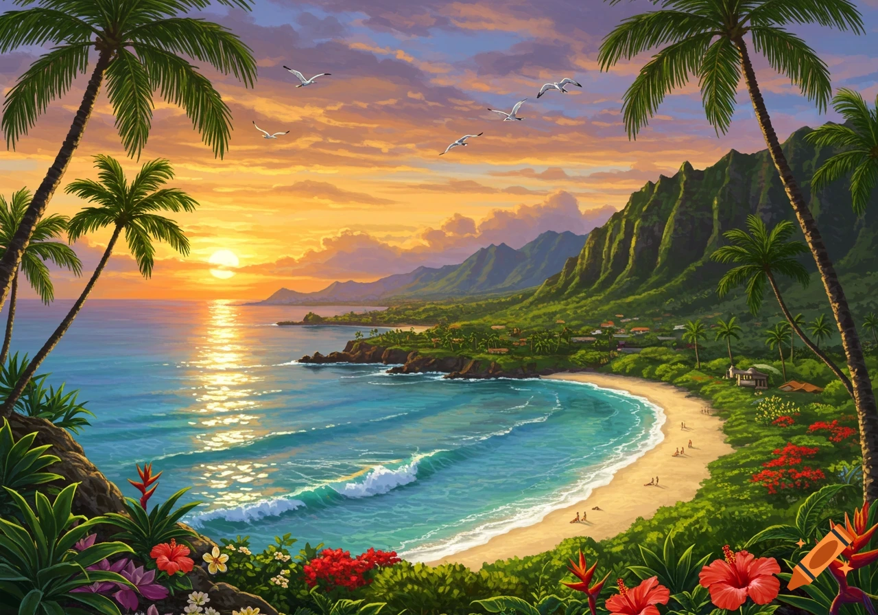 Vibrant illustration of a Hawaiian beach at sunset with palm trees, lush mountains, and a glowing ocean.